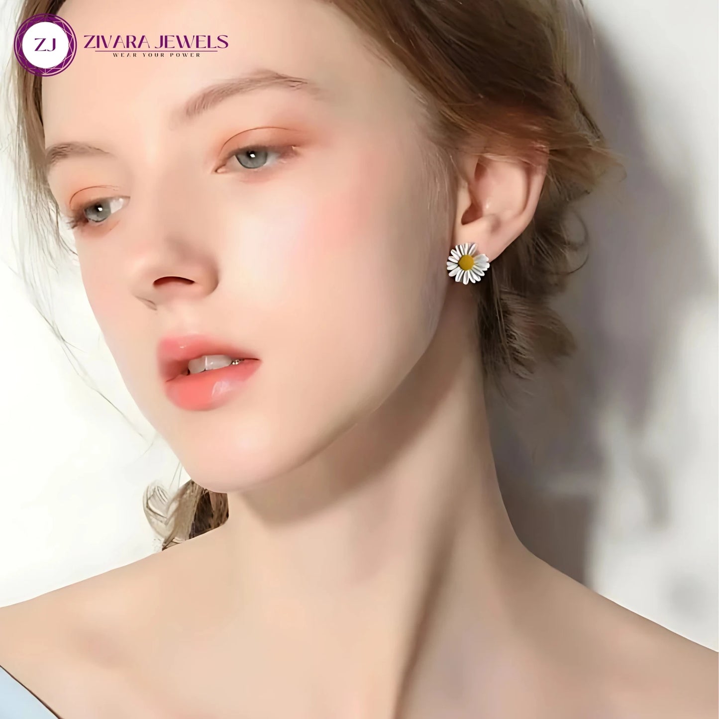 Korean Style White & Green Daisy Flower Stud Earrings – Alloy Floral Studs