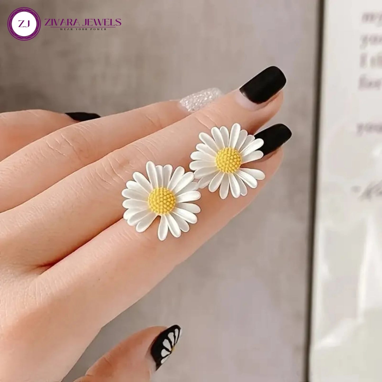 Korean Style White & Green Daisy Flower Stud Earrings – Alloy Floral Studs