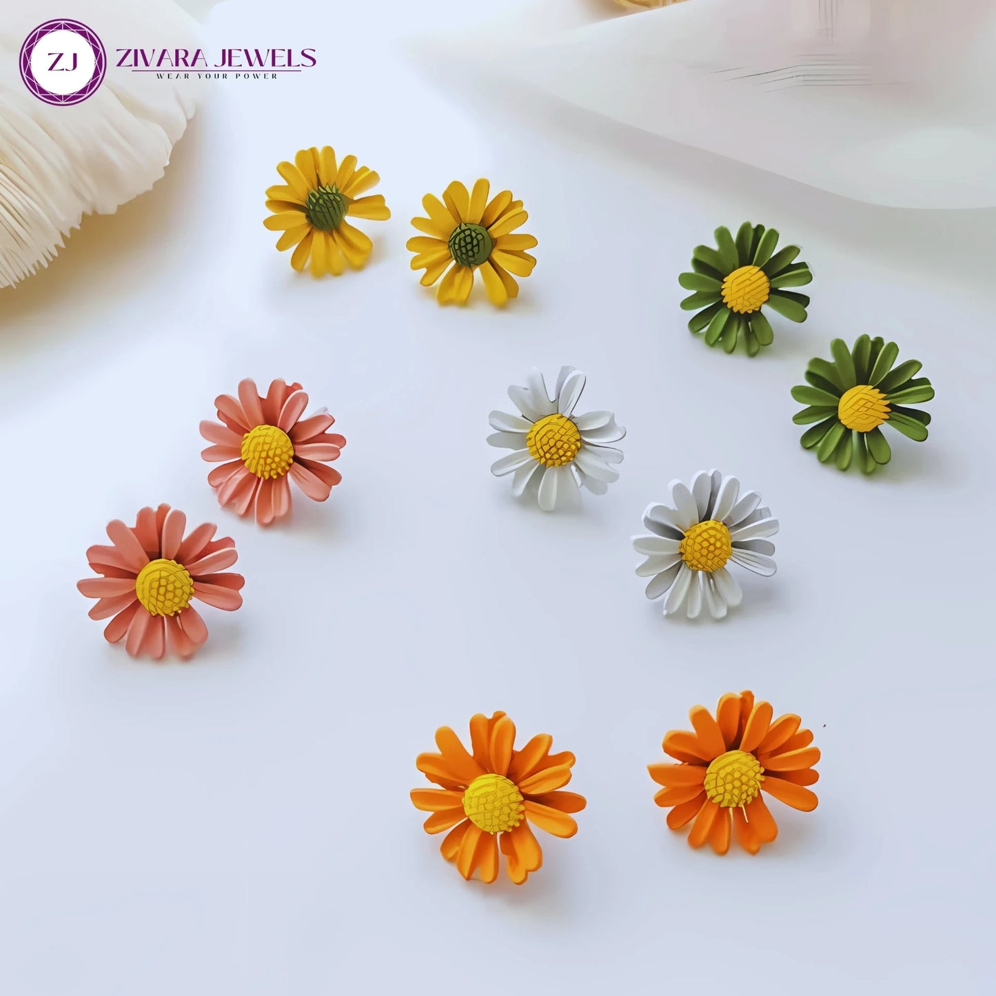 Korean Style White & Green Daisy Flower Stud Earrings – Alloy Floral Studs