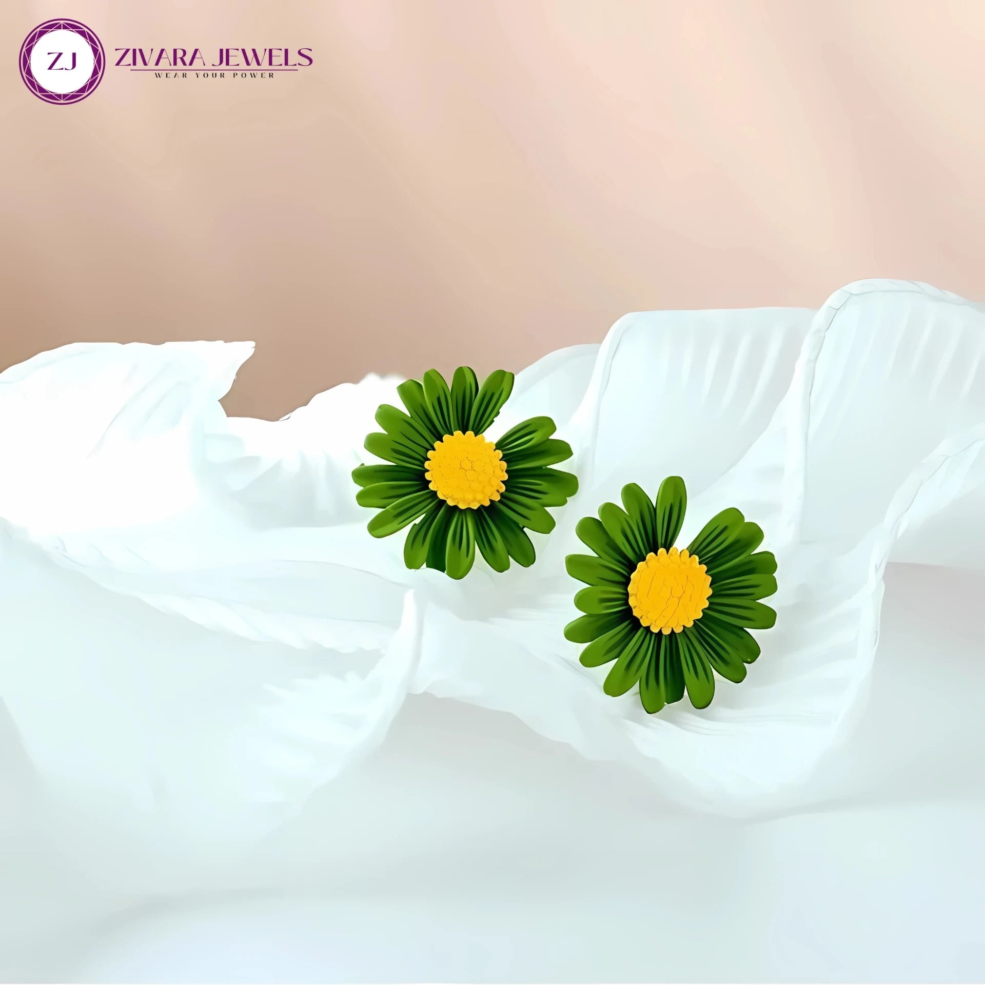 Korean Style White & Green Daisy Flower Stud Earrings – Alloy Floral Studs