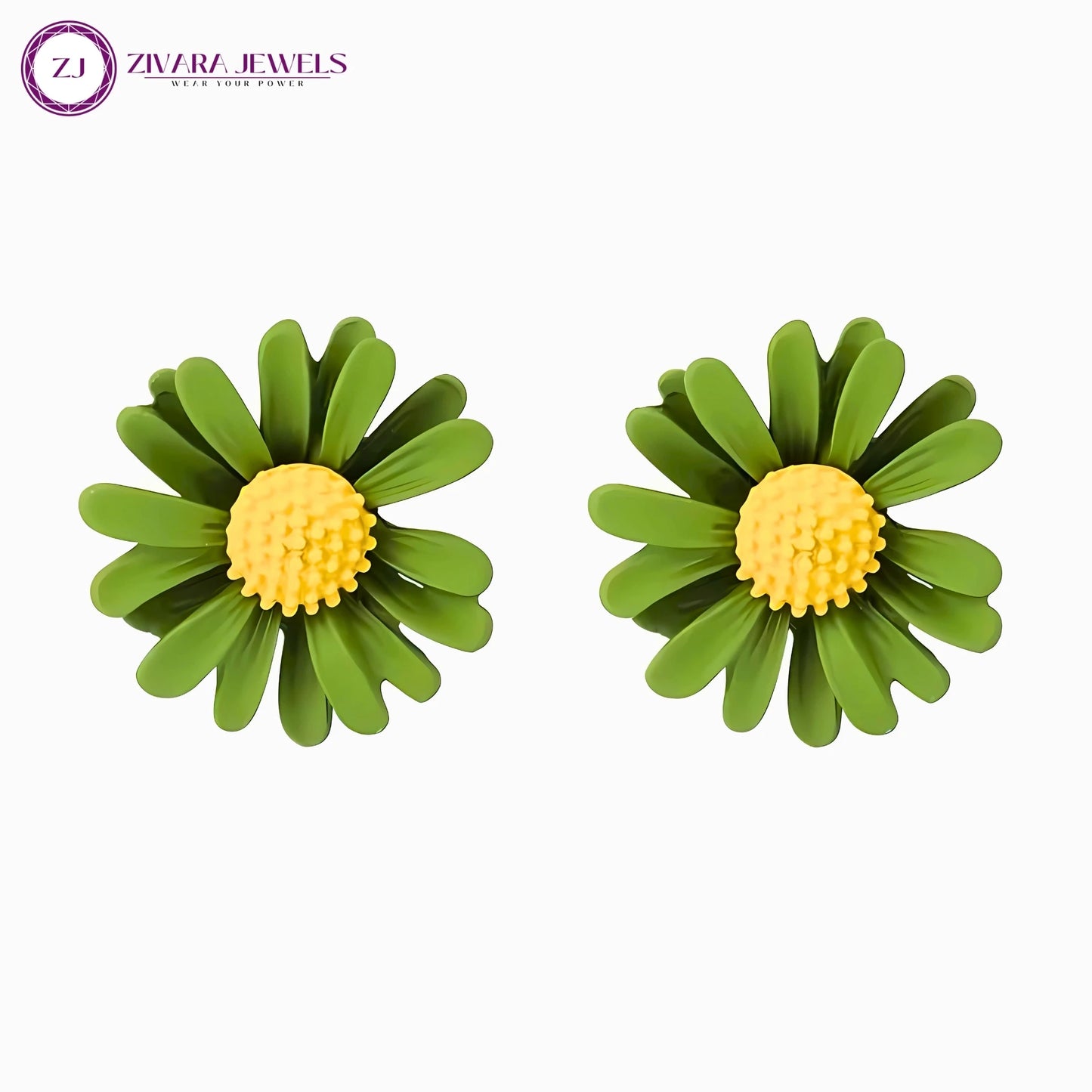 Korean Style White & Green Daisy Flower Stud Earrings – Alloy Floral Studs
