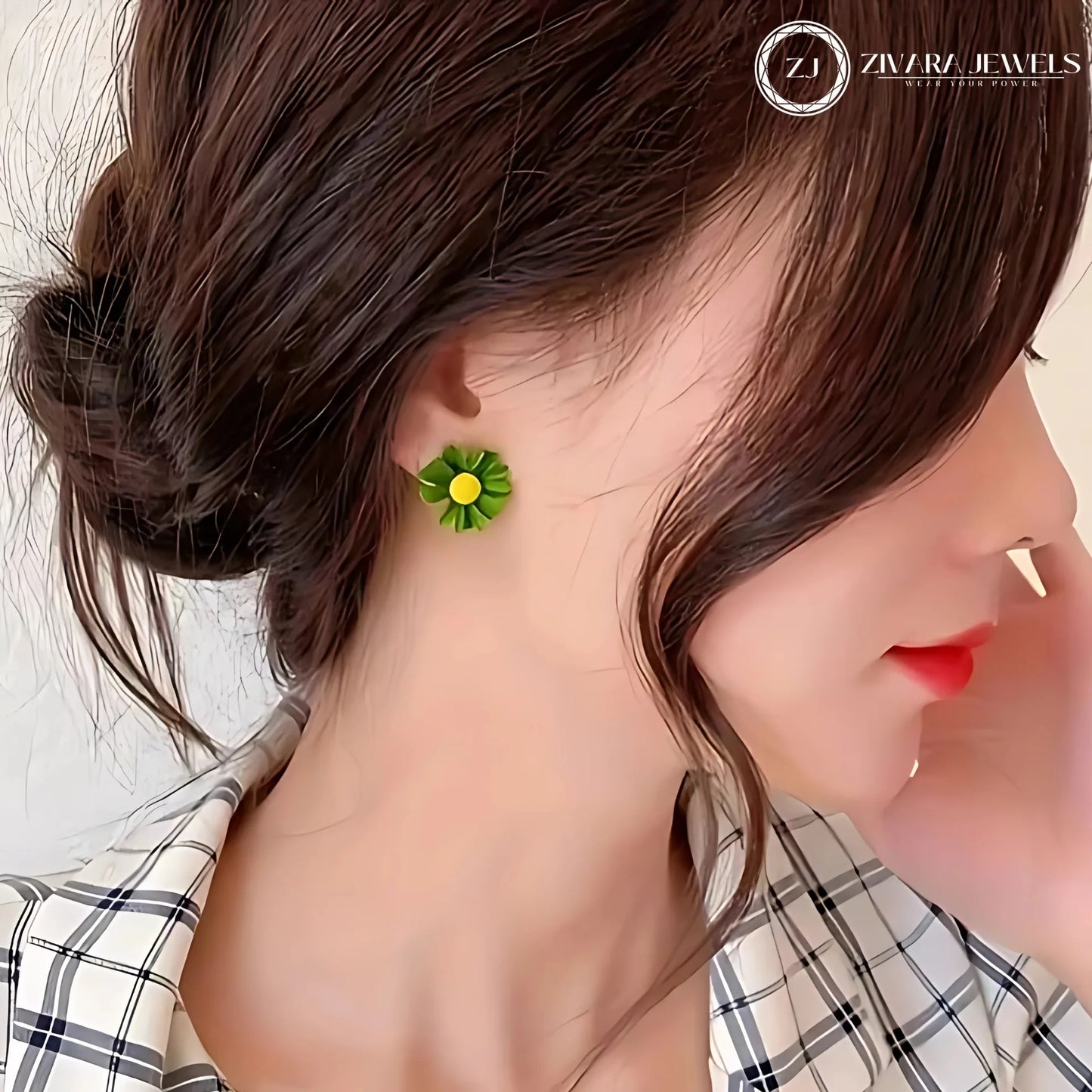 Korean Style White & Green Daisy Flower Stud Earrings – Alloy Floral Studs