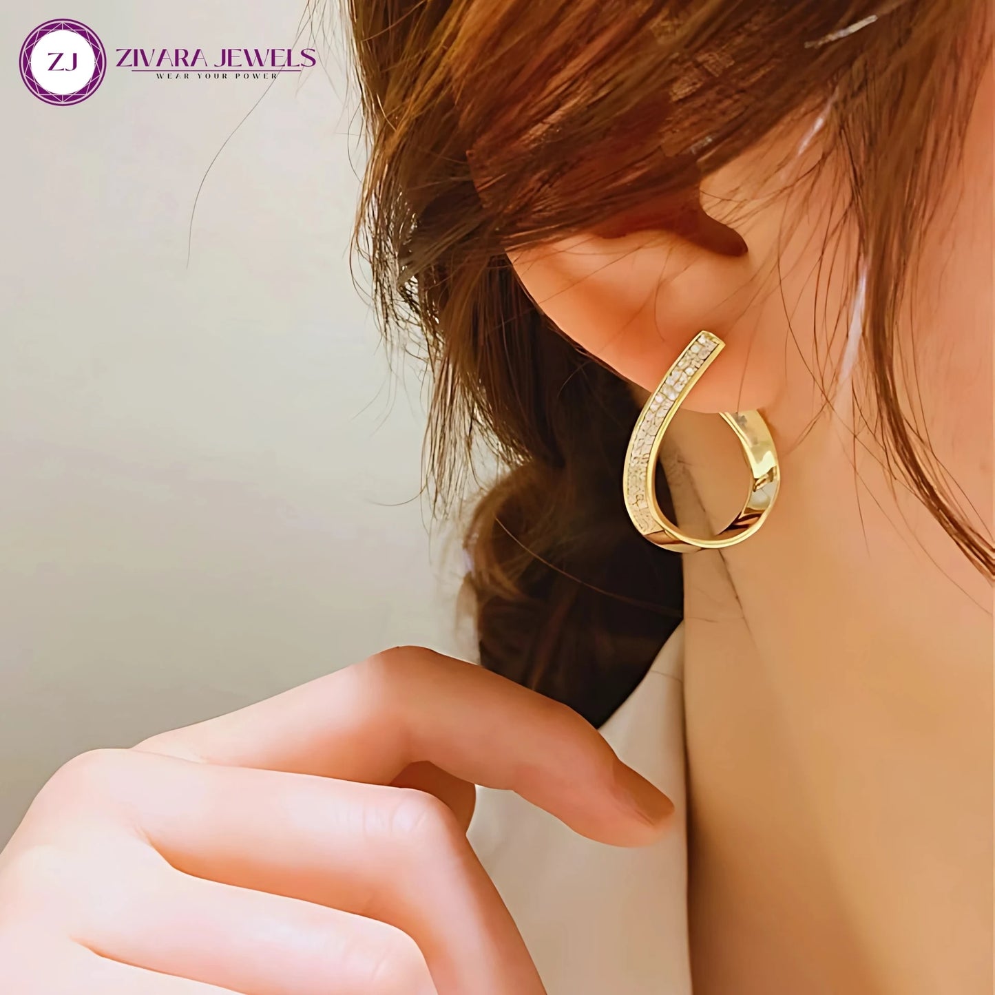 Korean Twisted Stone Stud Earrings – Spiral 18K Gold Plated Drop Studs