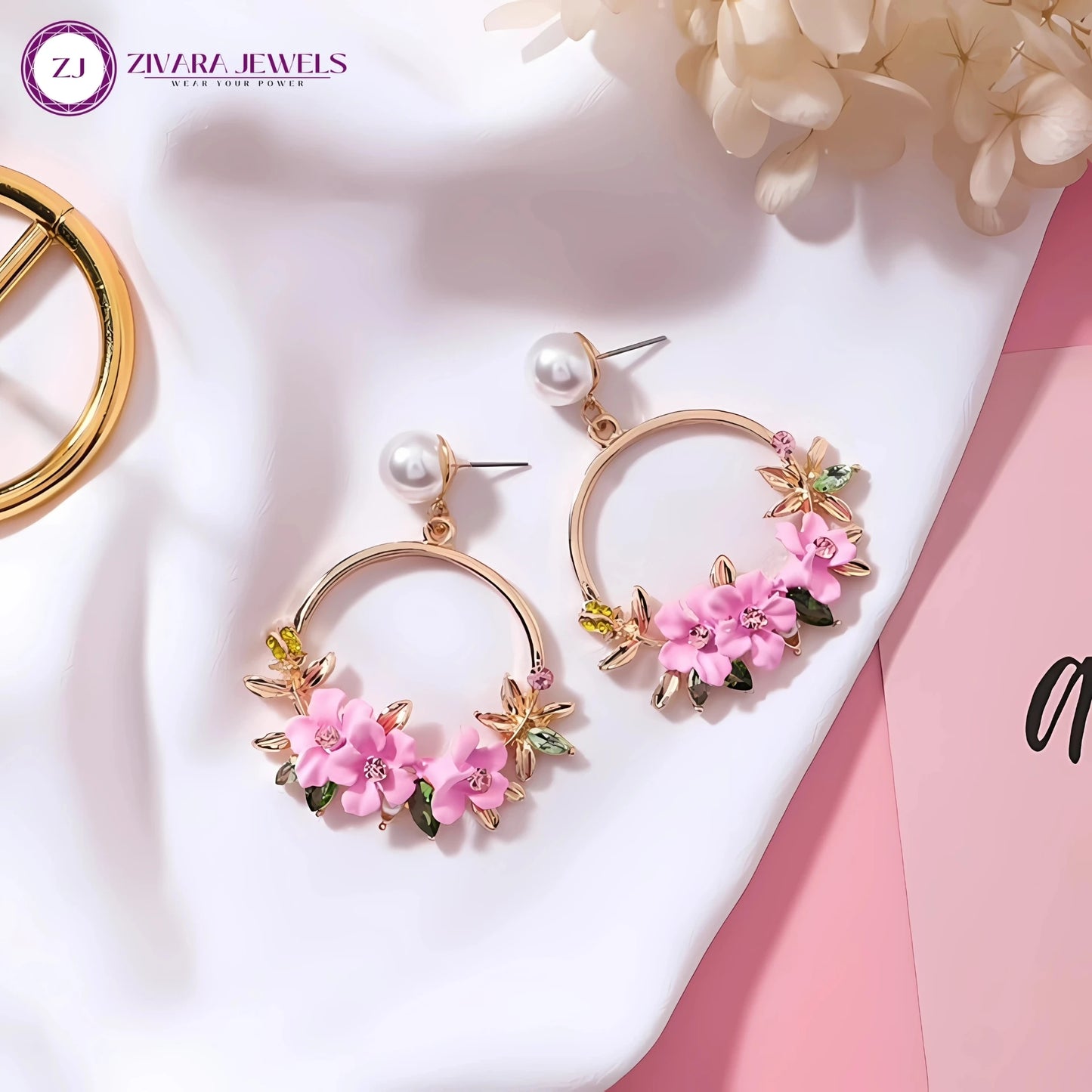 Pink Floral Hoop Korean Drop n Dangler Earrings Pearl, Zircon Alloy Hoop Earring