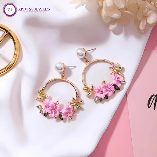 Pink Floral Hoop Korean Drop n Dangler Earrings Pearl, Zircon Alloy Hoop Earring