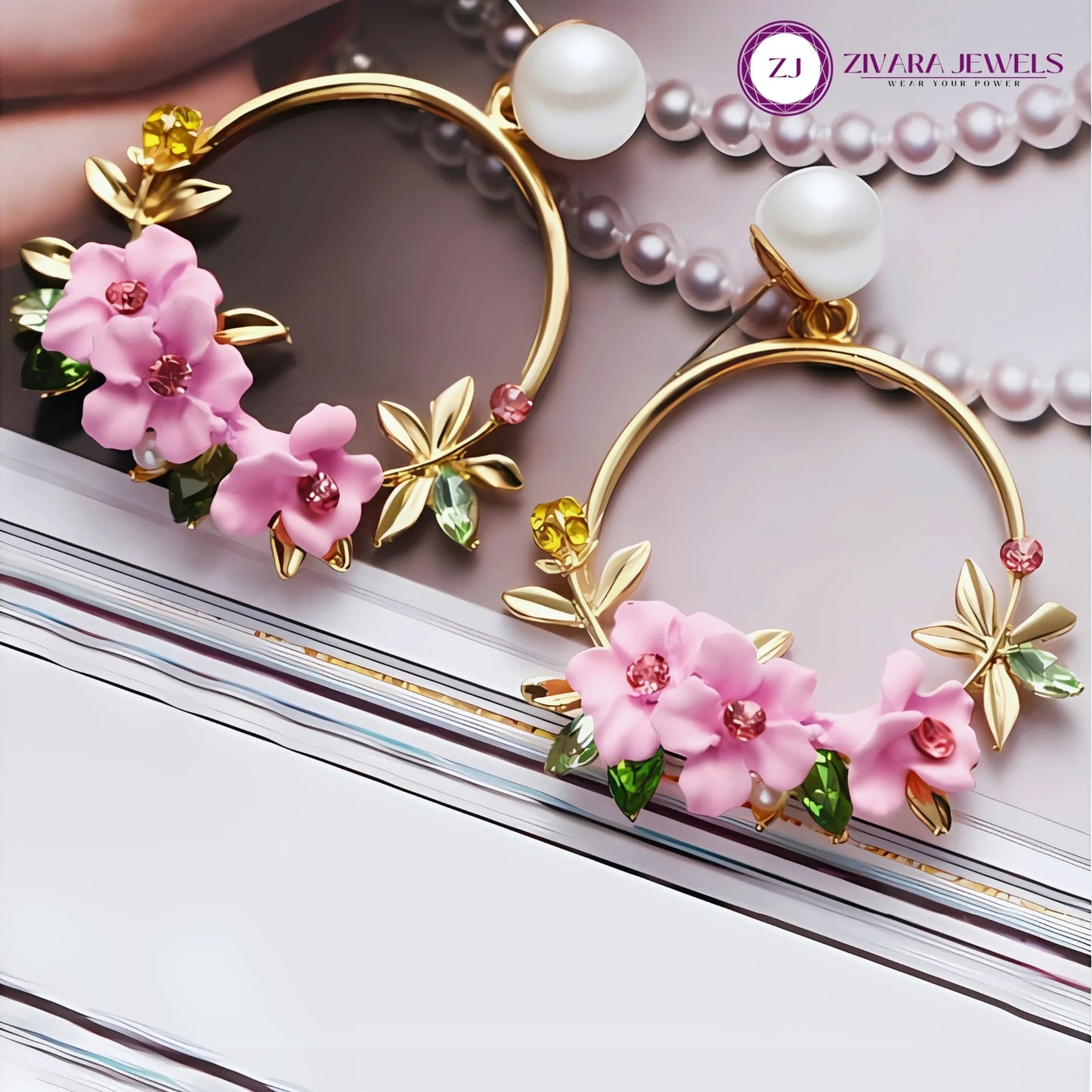 Pink Floral Hoop Korean Drop n Dangler Earrings Pearl, Zircon Alloy Hoop Earring