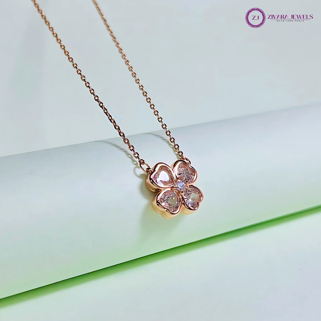 Rose Gold Birth Flower Necklace – Four Leaf Clover Pendant
