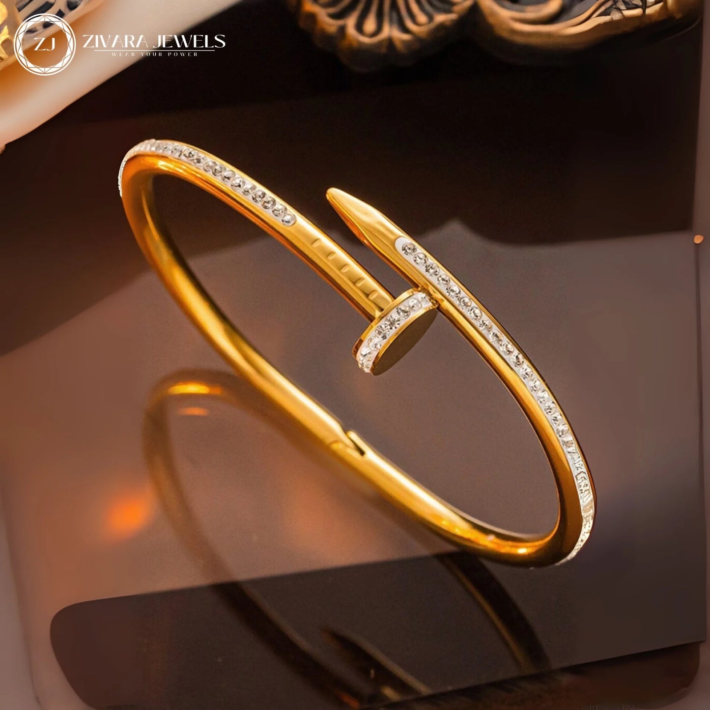 Anti‑Tarnish Nail Bracelet with Diamond Studs – Stainless Steel Cuff