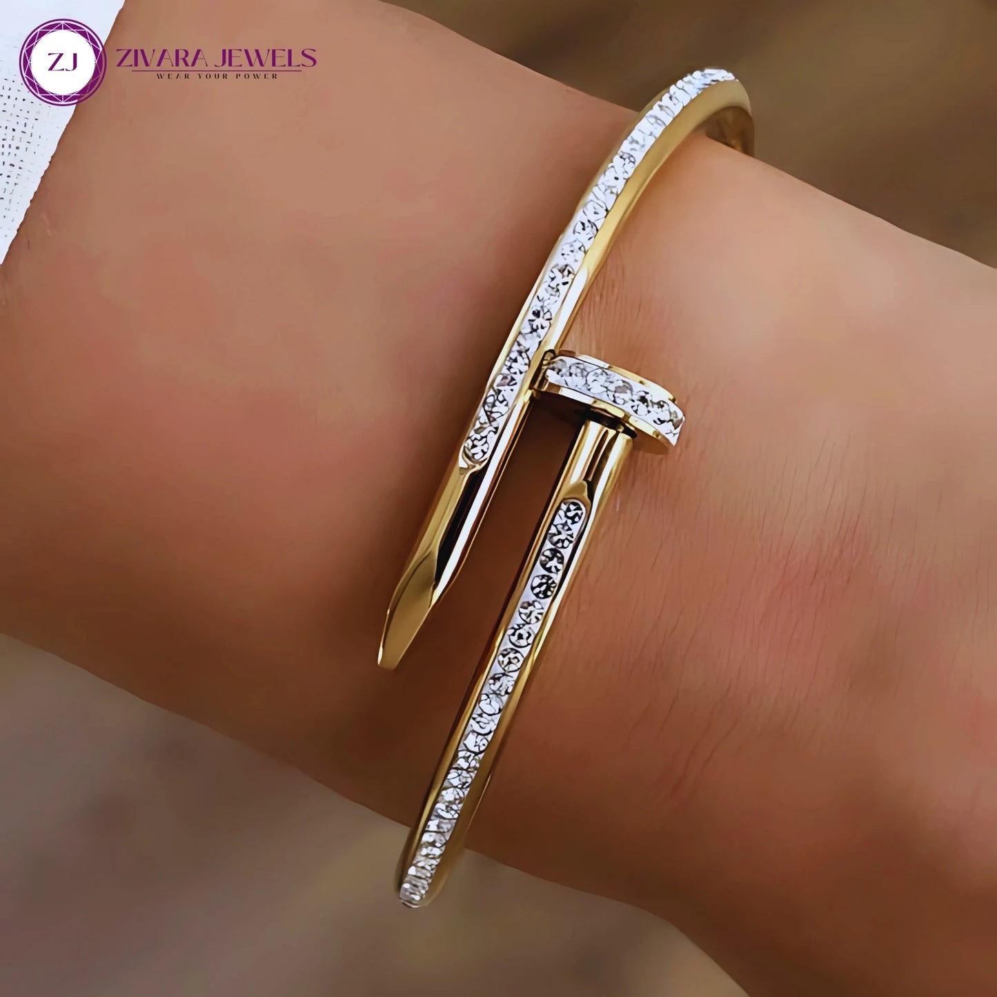 Anti‑Tarnish Nail Bracelet with Diamond Studs – Stainless Steel Cuff