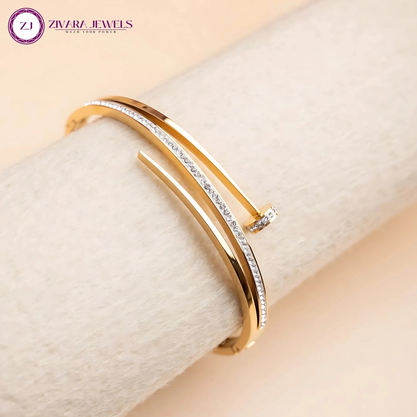 Anti Tarnish Gold Plated American Diamond Nail Studded Bracelet – Stainless Steel Cuff