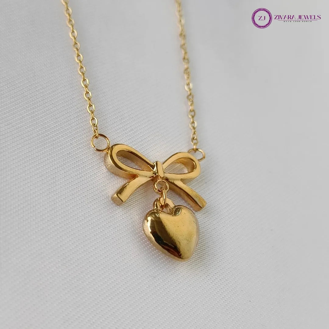 Anti-Tarnish Gold Heart and Bow Pendant Necklace with Chain