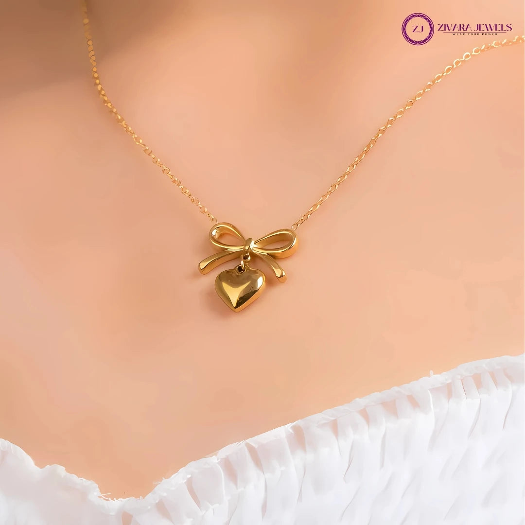 Anti-Tarnish Gold Heart and Bow Pendant Necklace with Chain
