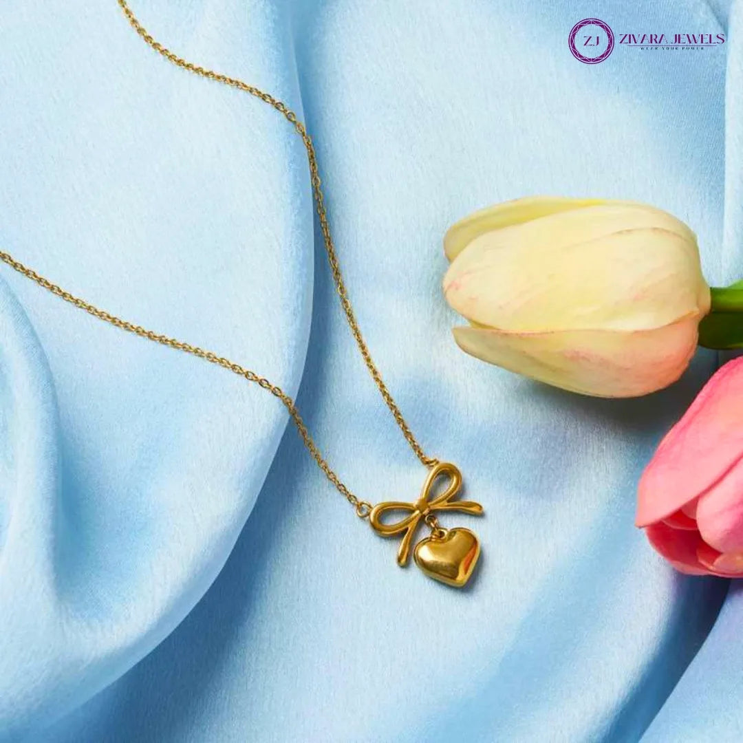 Anti-Tarnish Gold Heart and Bow Pendant Necklace with Chain
