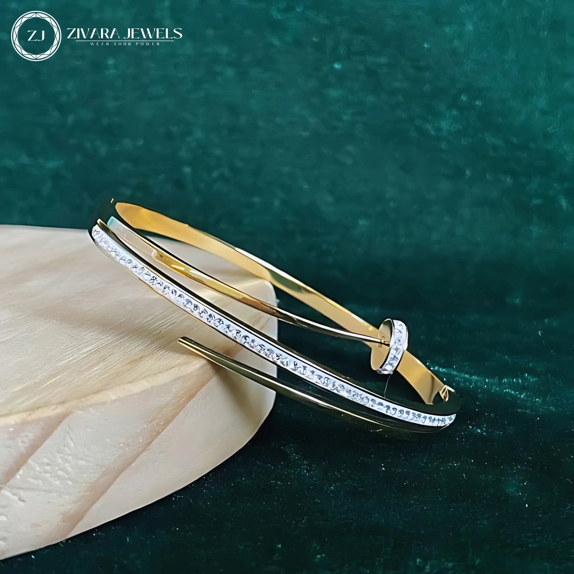 Anti Tarnish Gold Plated American Diamond Nail Studded Bracelet – Stainless Steel Cuff