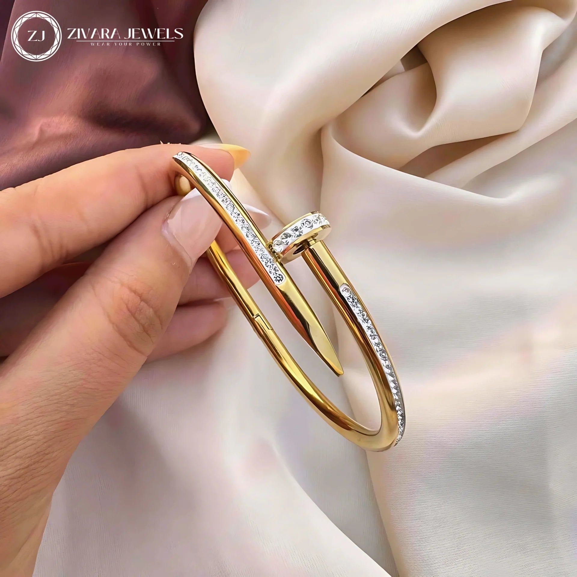 Anti‑Tarnish Nail Bracelet with Diamond Studs – Stainless Steel Cuff