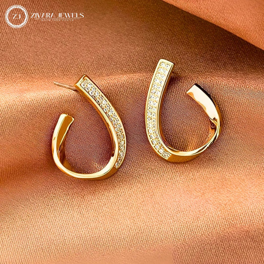 Korean Twisted Stone Stud Earrings – Spiral 18K Gold Plated Drop Studs