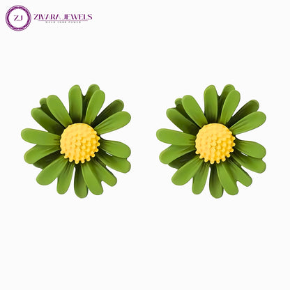 Korean Style White & Green Daisy Flower Stud Earrings – Alloy Floral Studs