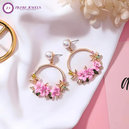 Pink Floral Hoop Korean Drop n Dangler Earrings Pearl, Zircon Alloy Hoop Earring