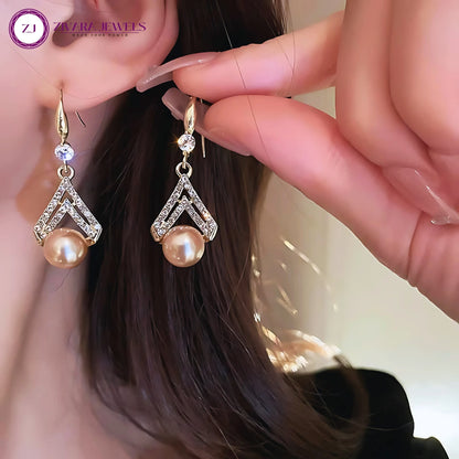 Korean Rhinestone & Pearl Dangle Earrings – Elegant Alloy Drop Jewelry