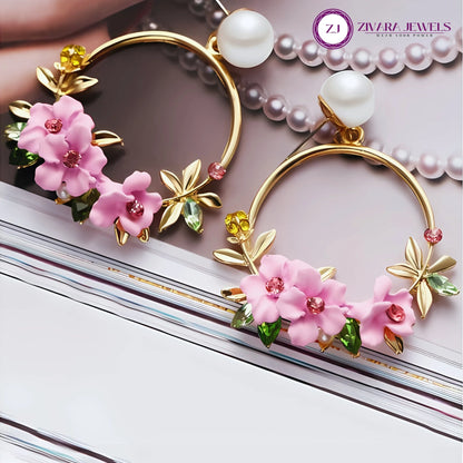 Pink Floral Hoop Korean Drop n Dangler Earrings Pearl, Zircon Alloy Hoop Earring
