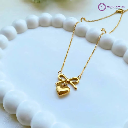 Anti-Tarnish Gold Heart and Bow Pendant Necklace with Chain