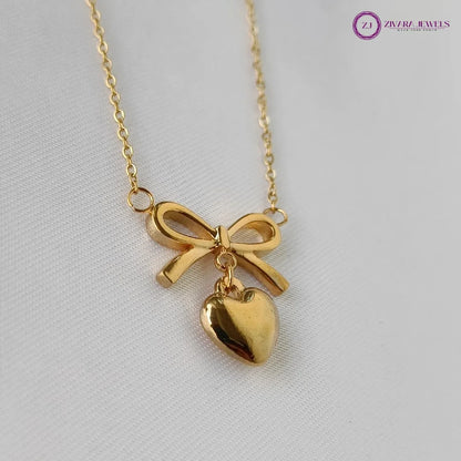 Anti-Tarnish Gold Heart and Bow Pendant Necklace with Chain